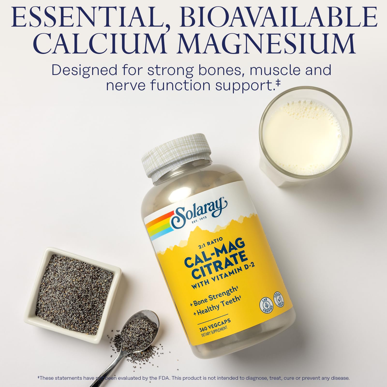 Close-up of the SOLARAY label shows 1000 mg calcium citrate and 500 mg magnesium.