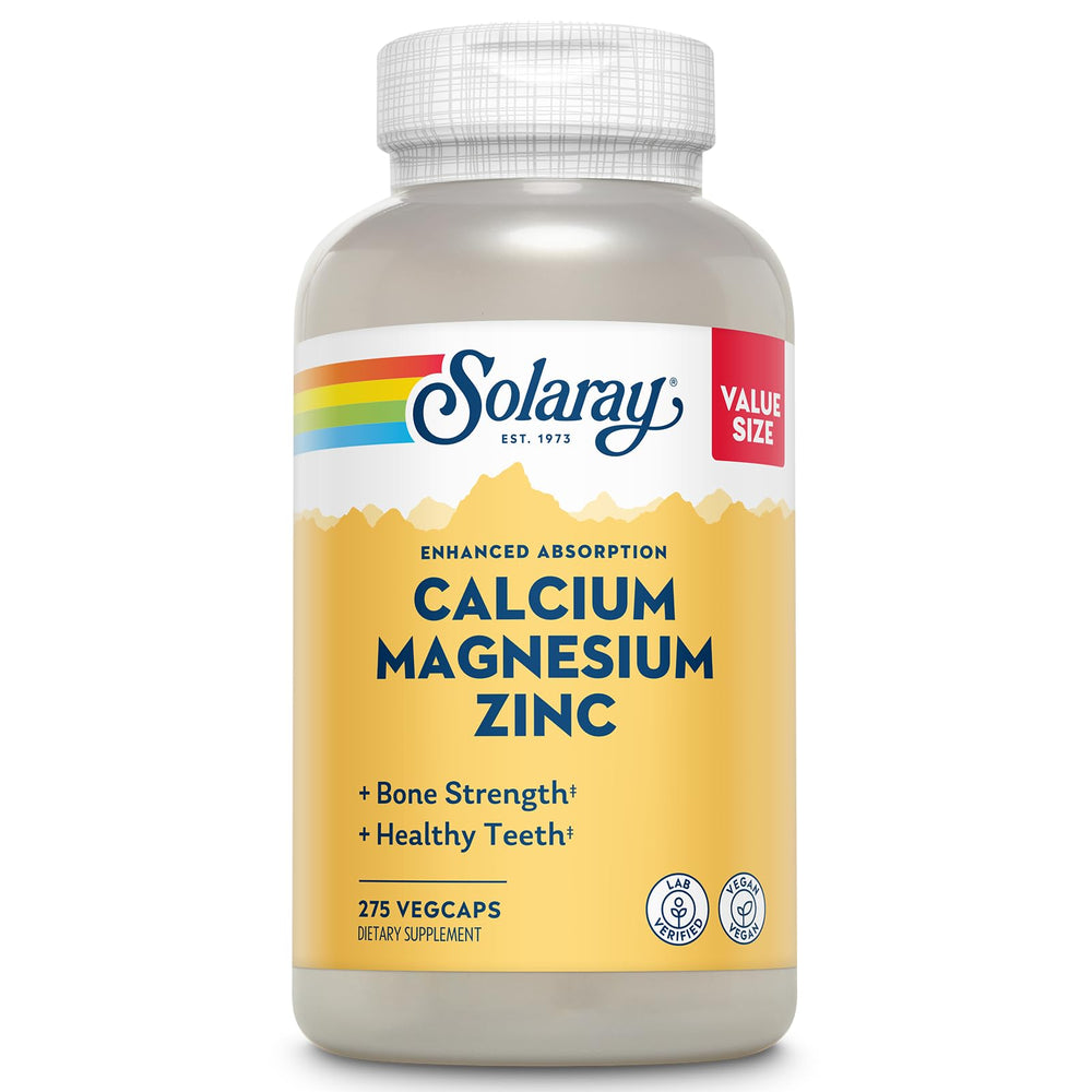 SOLARAY Calcium Magnesium Zinc bottle label highlights calcium for bone support.