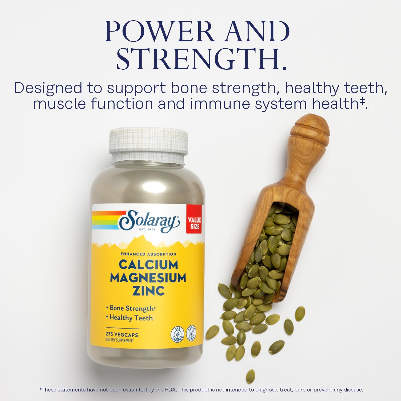 SOLARAY Calcium Magnesium Zinc ingredients panel highlights zinc for immune support.