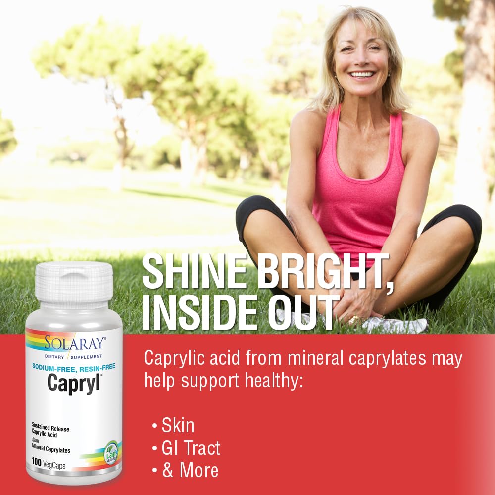SOLARAY Capryl serving info sign showing 16 servings per bottle.