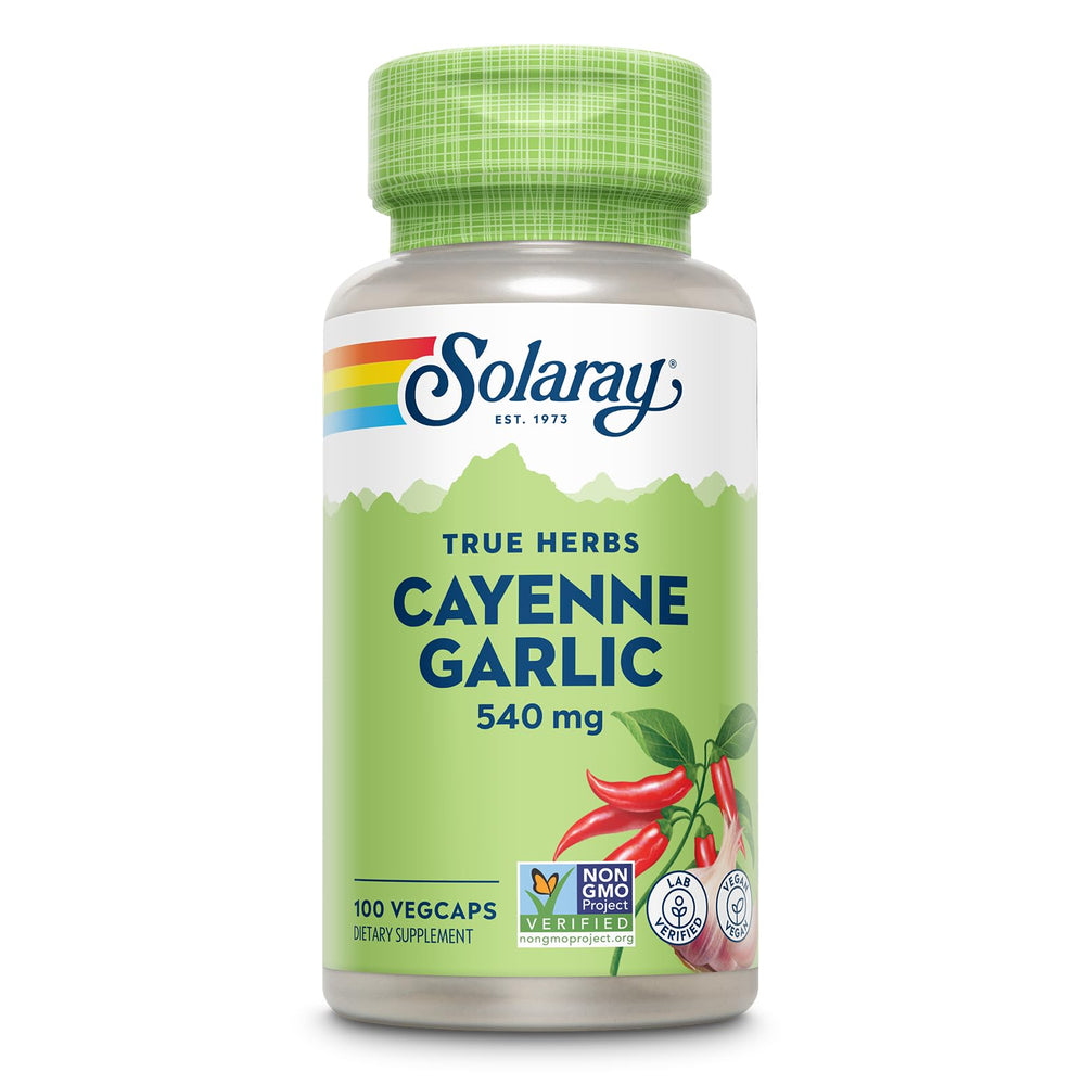Solaray Cayenne Garlic VegCaps bottle front for daily vegan wellness.