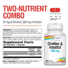 SOLARAY Choline & Inositol label closeup shows vegan, non-GMO credentials