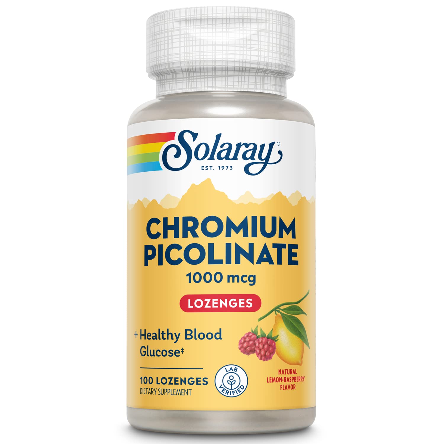 Solaray Chromium Picolinate lozenges packaging shows a sugar-free formula for daily wellness.