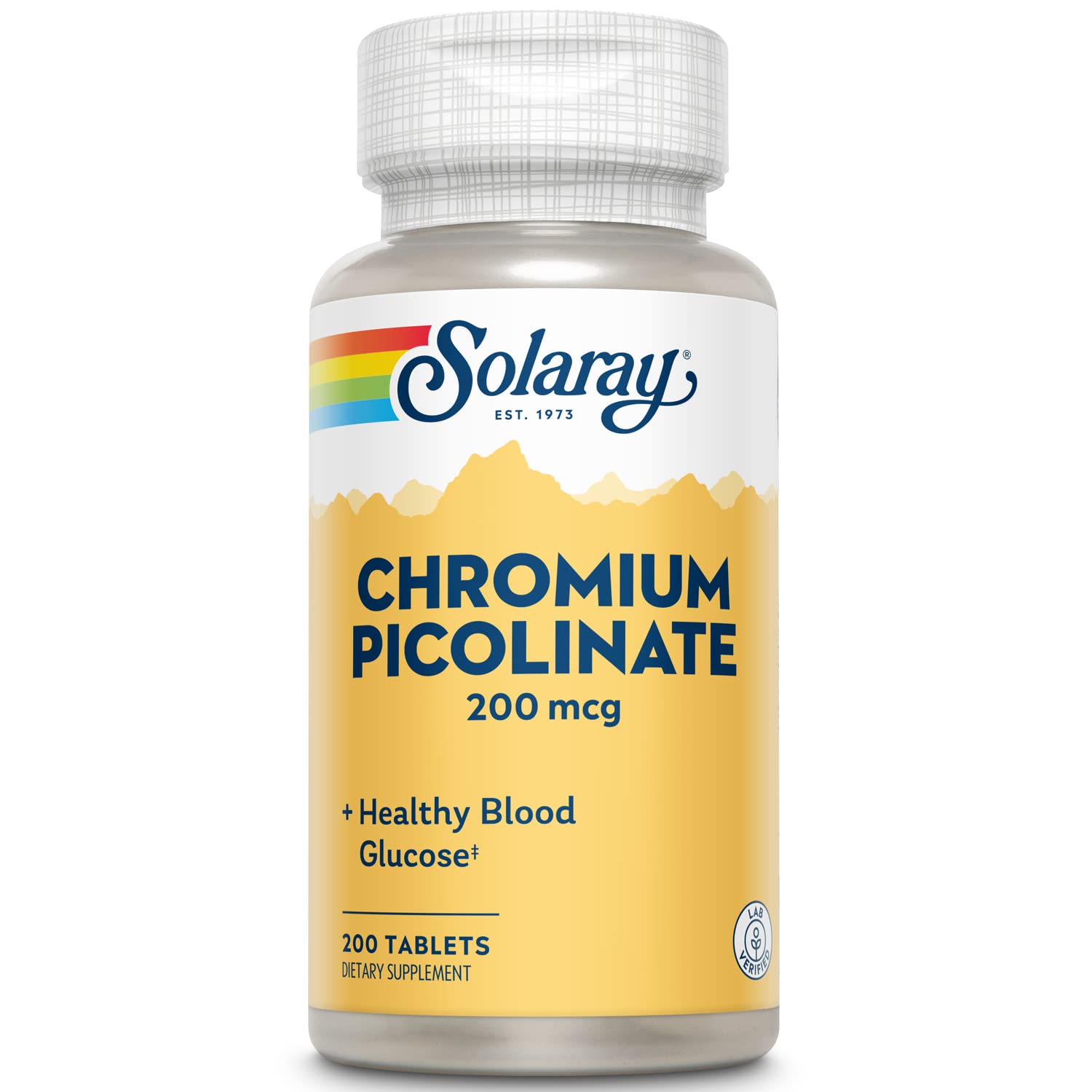 Solaray Chromium Picolinate product label front highlighting 200 mcg dosage for easy daily use.