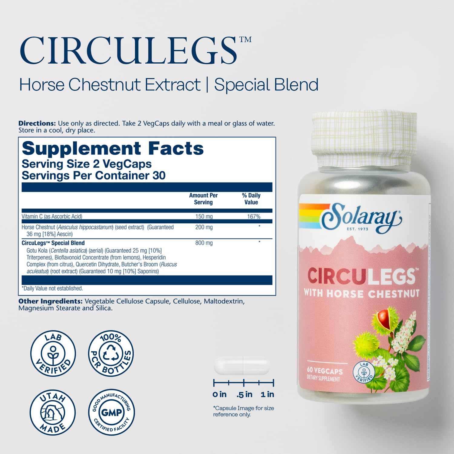 SOLARAY Circulegs capsules close-up with horse chestnut and vitamin C.