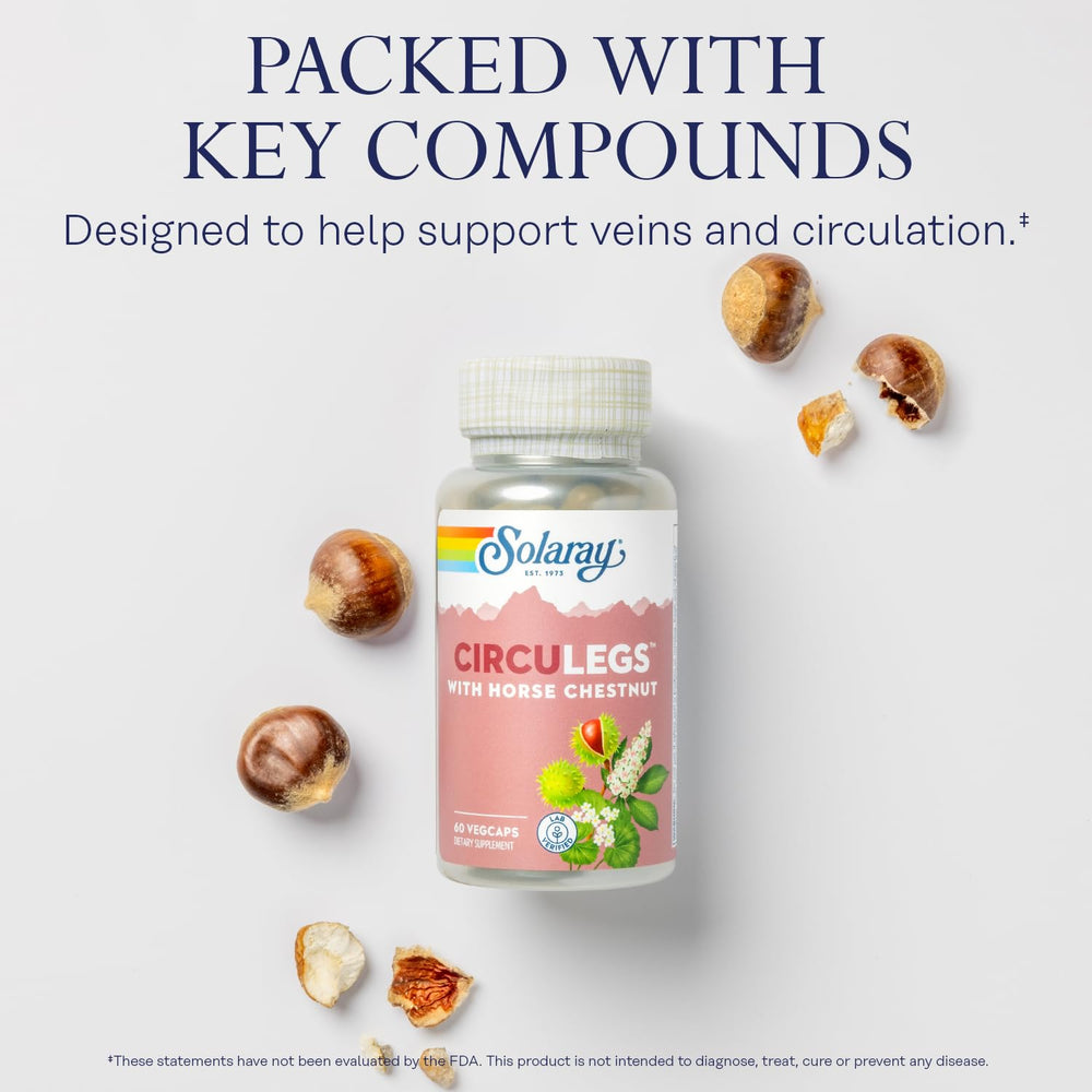 SOLARAY Circulegs horse chestnut extract visual highlighting natural wellness ingredients.