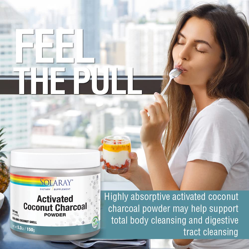 SOLARAY activated coconut charcoal powder label demonstrates non-GMO vegan verification.