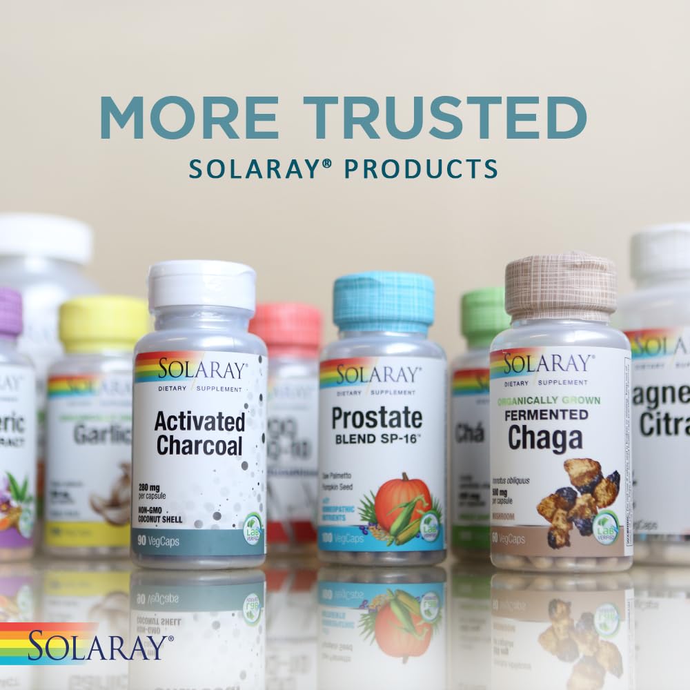 SOLARAY activated coconut charcoal powder measuring scoop illustrates easy portion control.