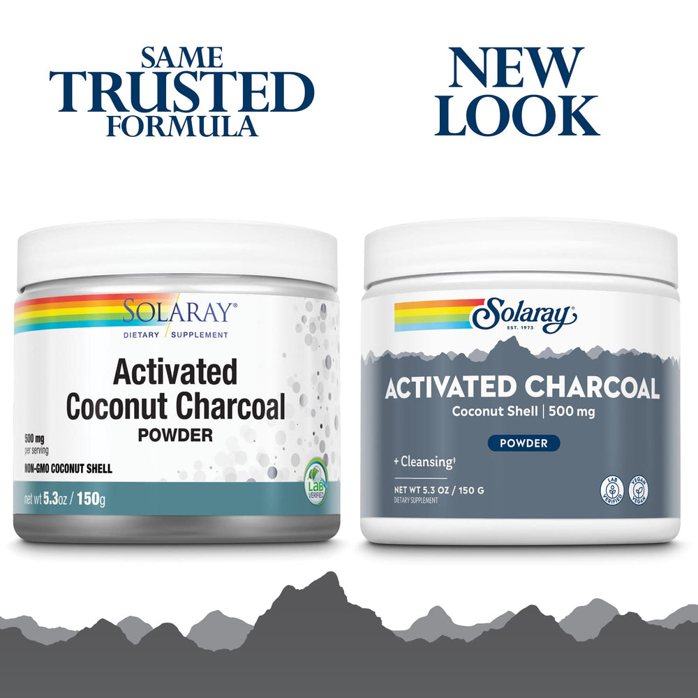 SOLARAY activated coconut charcoal powder texture closeup highlights fine powder for mixing.