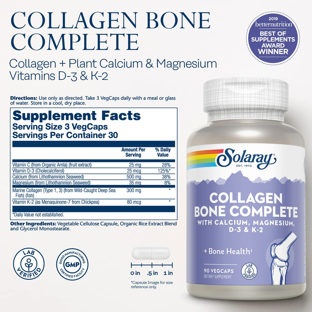 Solaray Collagen Bone Complete calcium and D3 ingredients for mineral absorption.