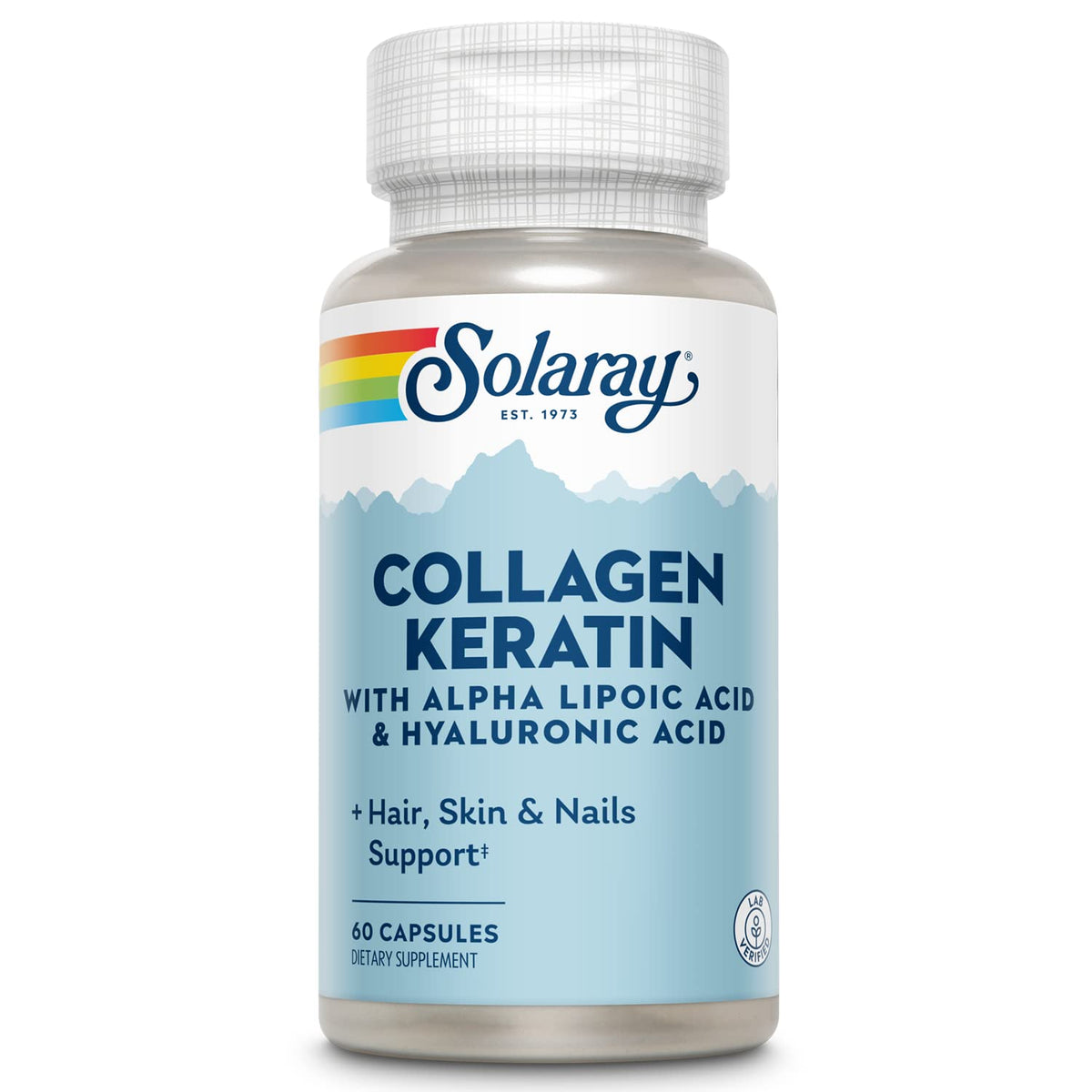 SOLARAY Collagen Keratin bottle label showing blend of collagen types for daily support