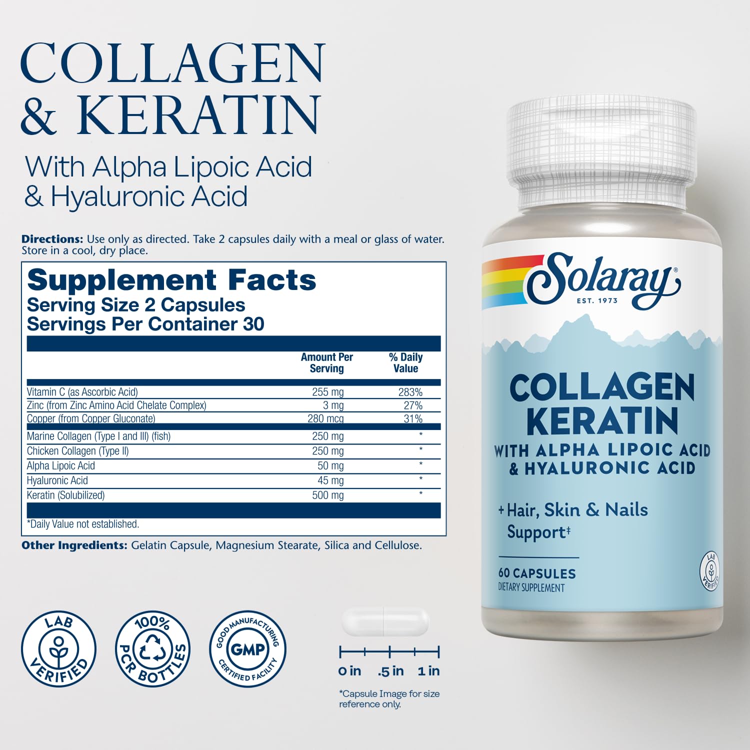 SOLARAY Collagen Keratin ingredients list featuring vitamin C, zinc, copper