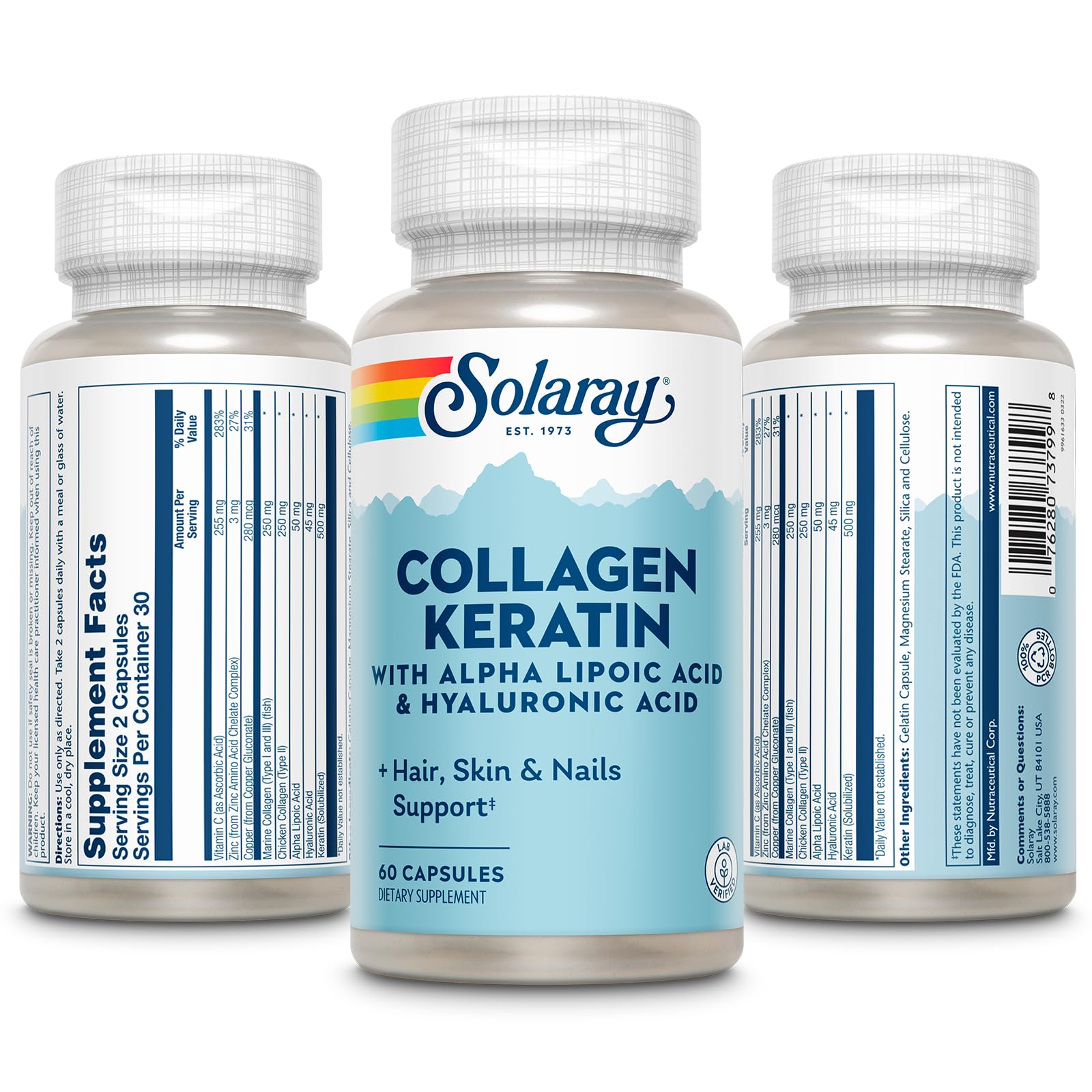 SOLARAY Collagen Keratin lab testing stamp indicating GMP compliance