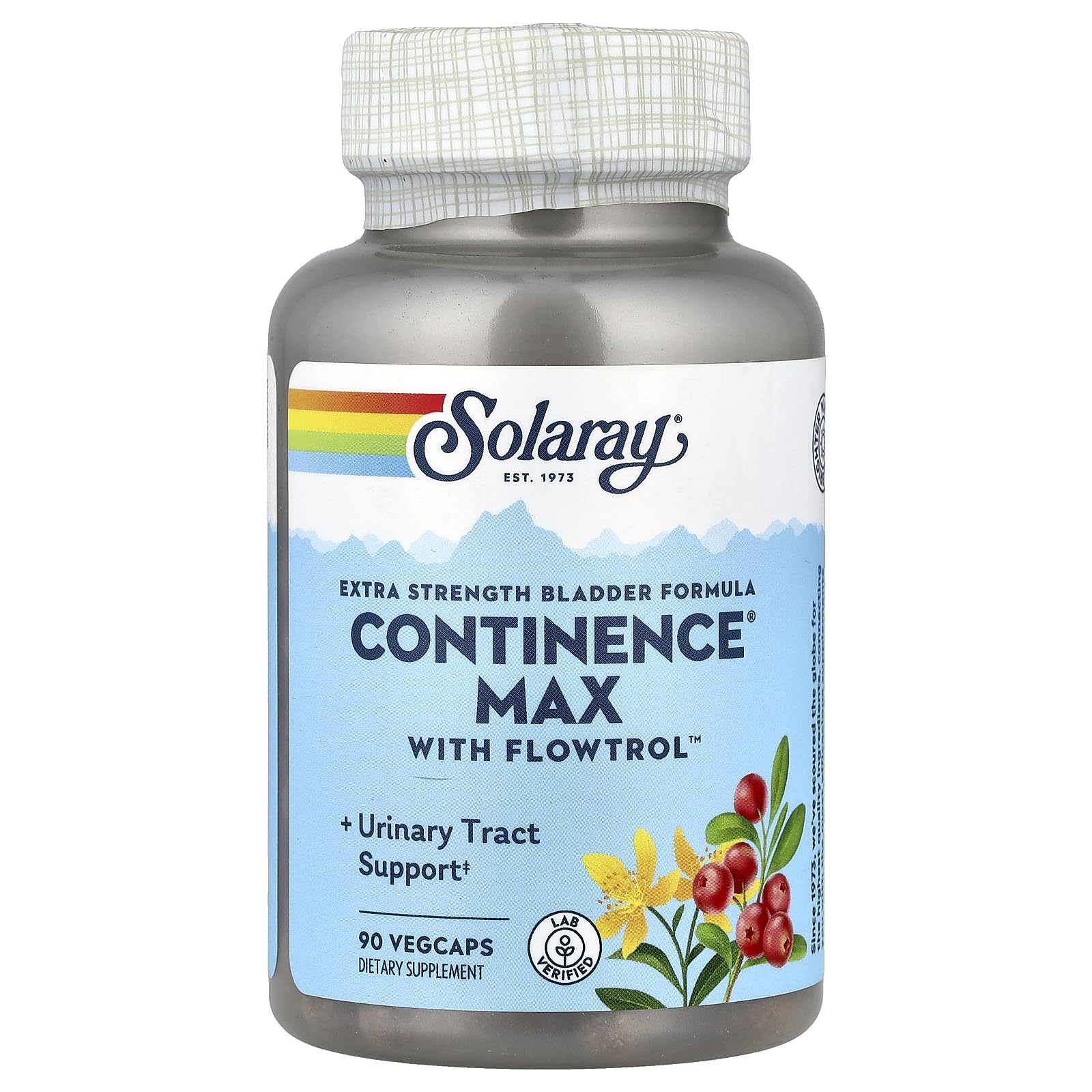 SOLARAY Continence Max Flowtrol bottle shows easy daily use with Veg Cap packaging.