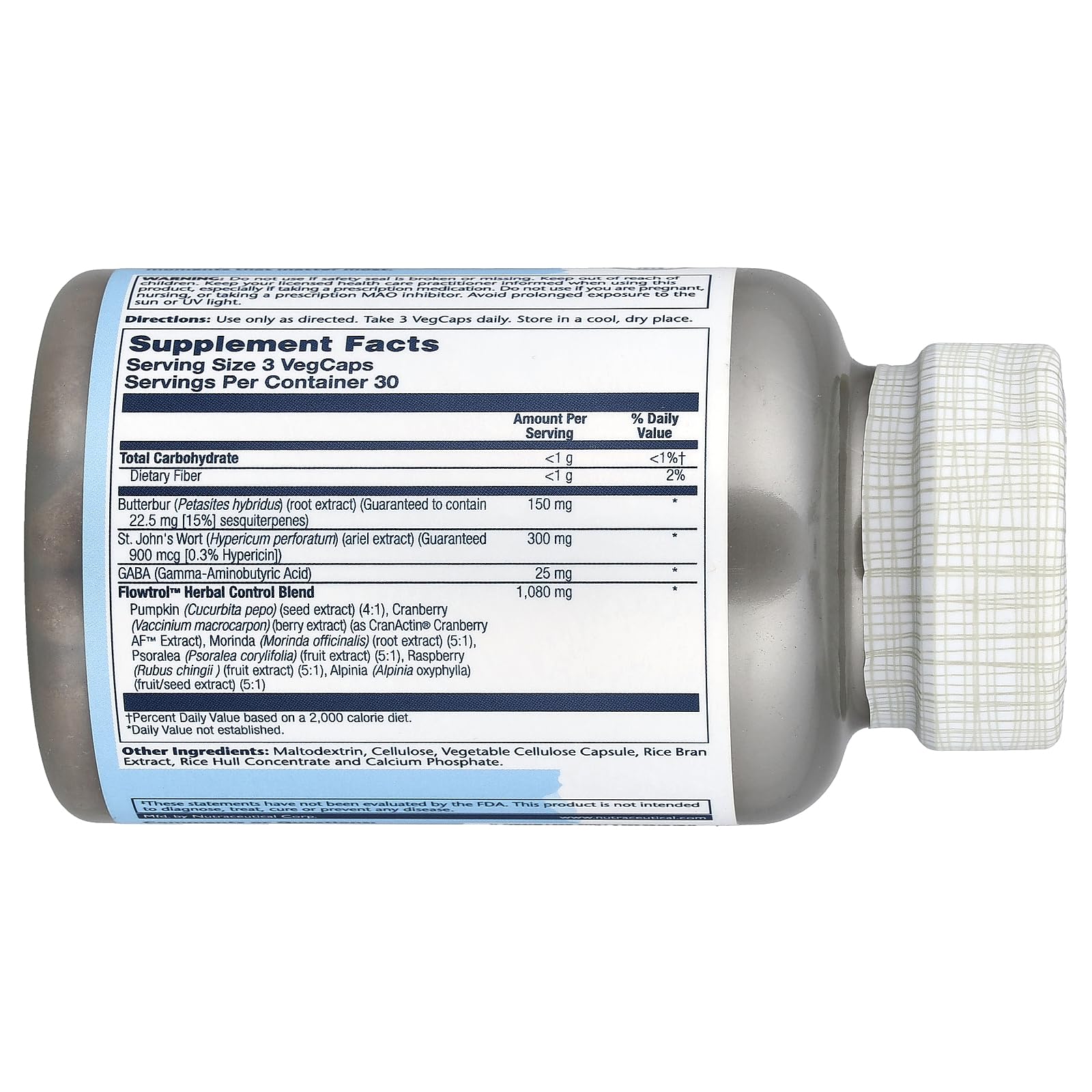 SOLARAY Continence Max Flowtrol label highlights eco-friendly packaging.