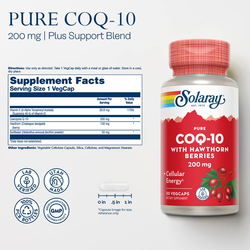 SOLARAY CoQ-10 with Hawthorn capsules ready for daily energy support