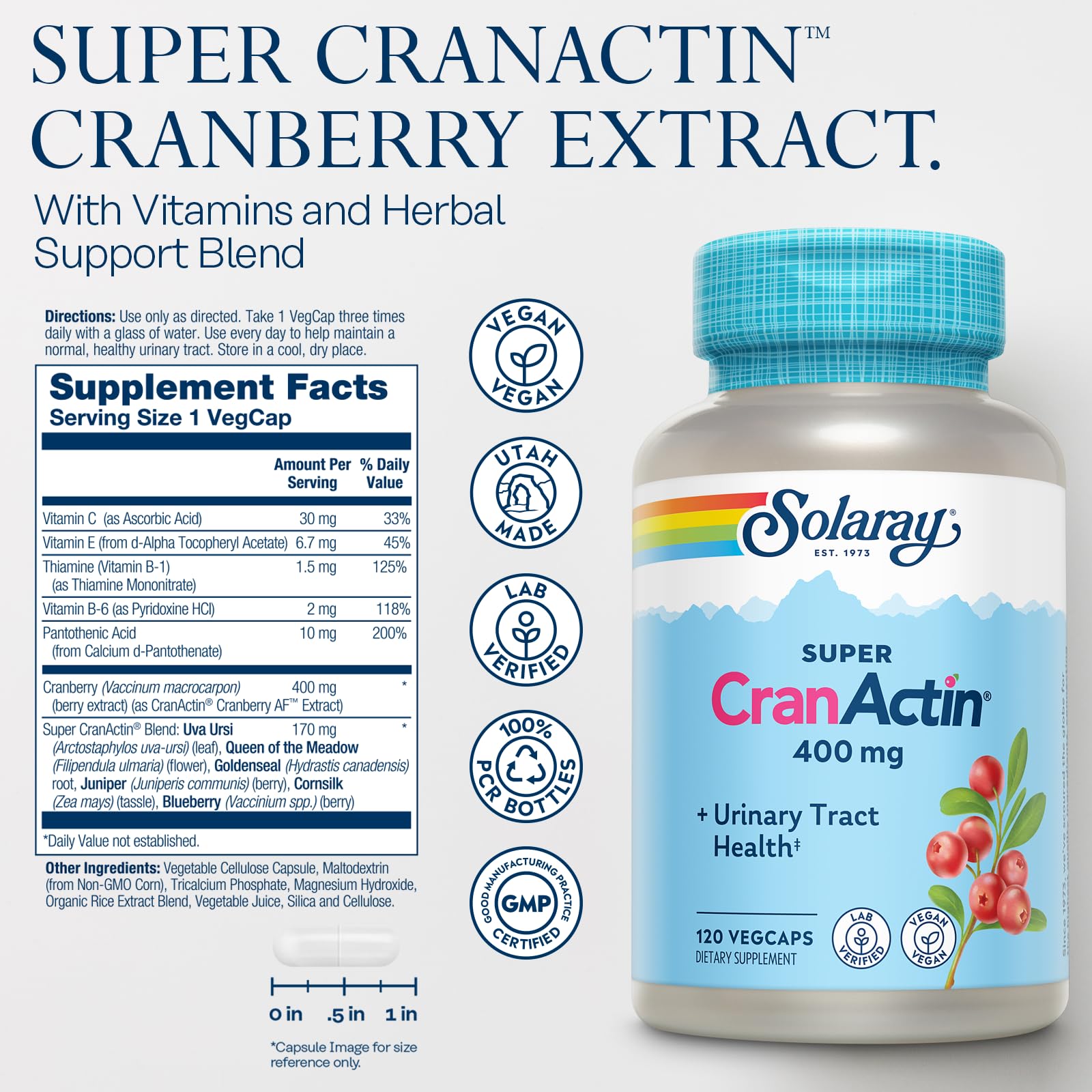 SOLARAY CranActin capsule close-up highlighting compact daily supplement.