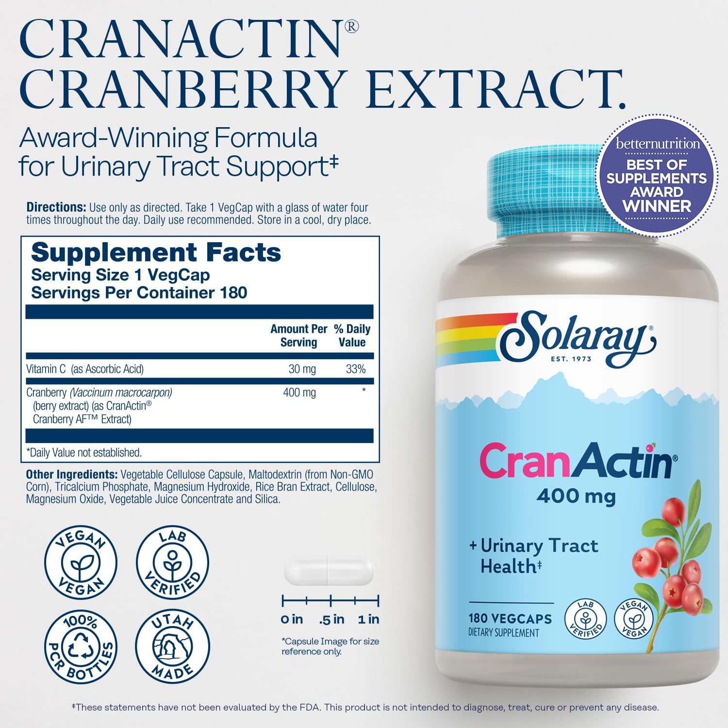 Close-up of SOLARAY Cranactin capsules for daily wellness