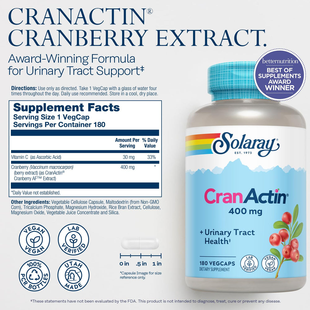 Close-up of SOLARAY Cranactin capsules for daily wellness