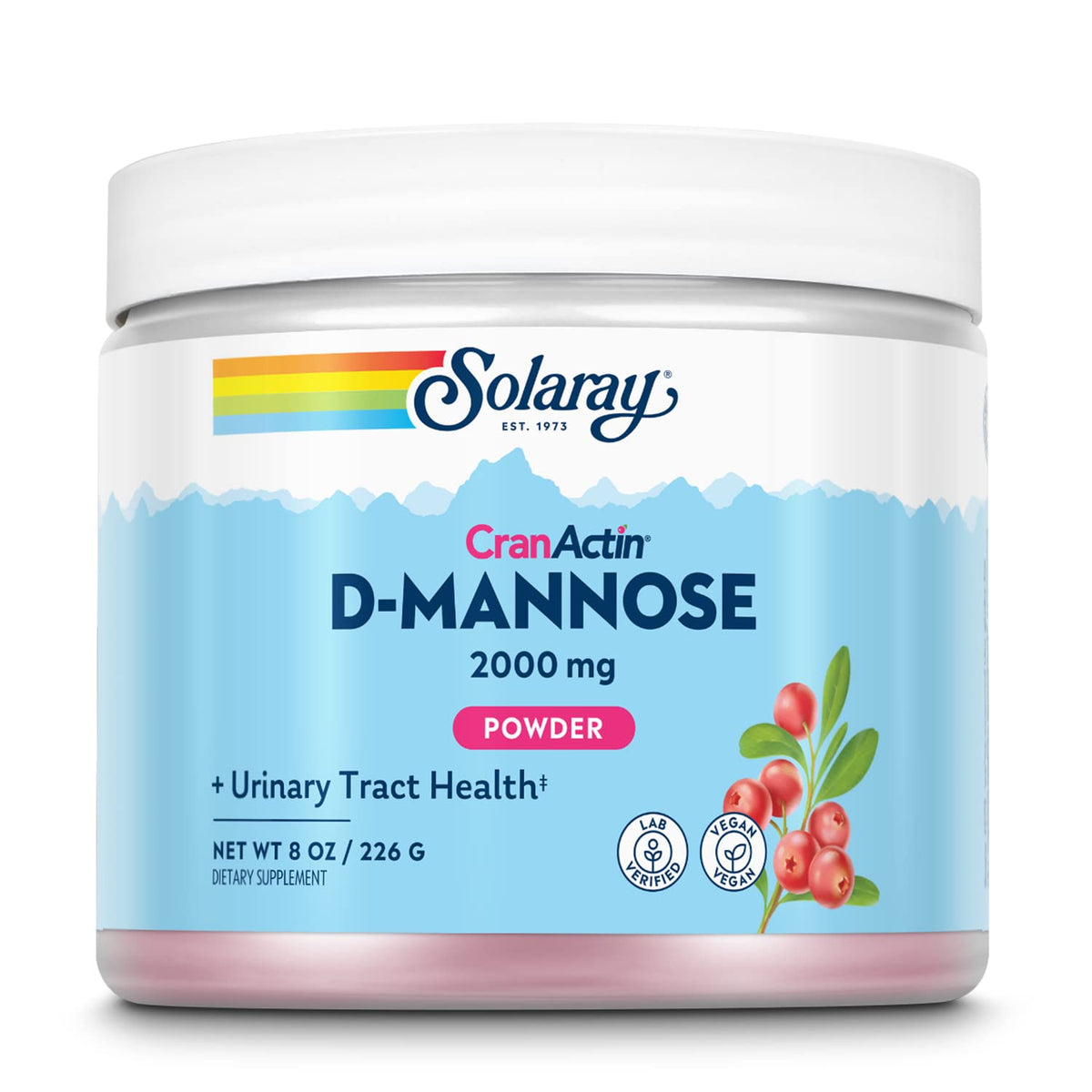 SOLARAY D-Mannose CranActin bottle front for easy daily urinary health support.