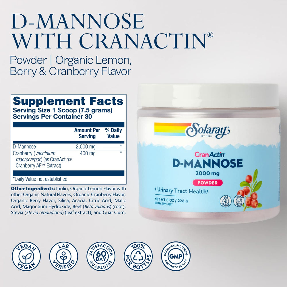 SOLARAY D-Mannose CranActin bottle side with CranActin extract label.