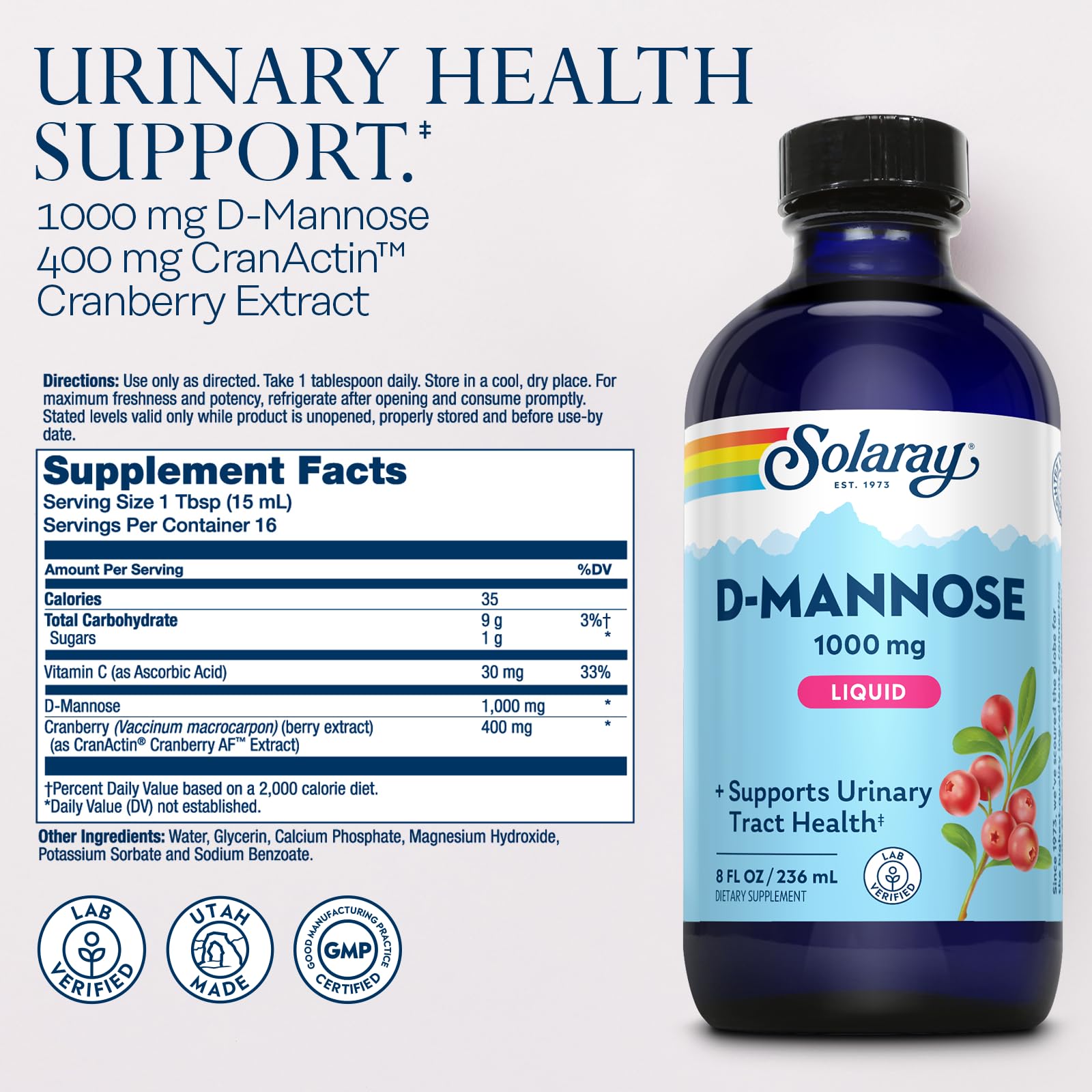 SOLARAY D-Mannose liquid clarity highlights easy dosing and smooth texture.