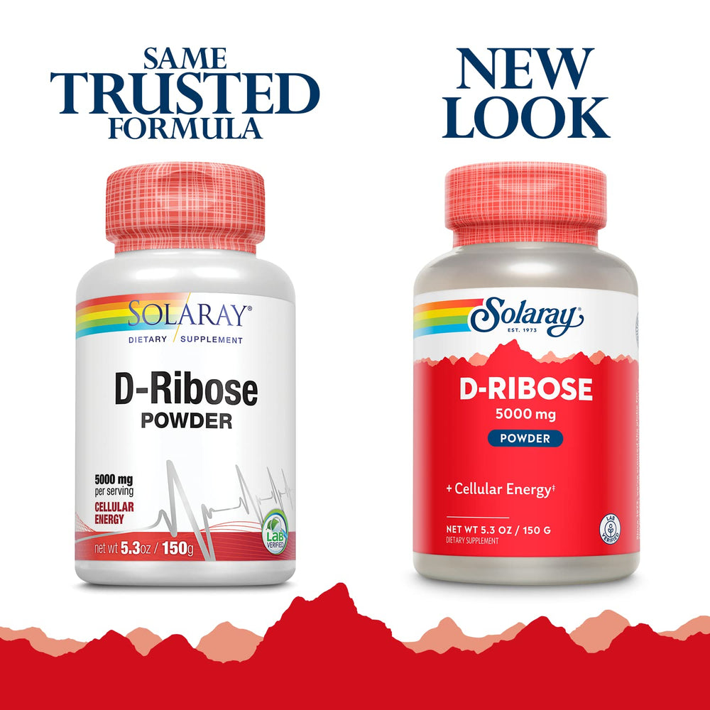 SOLARAY D-Ribose powder pour bottle shows easy mixing into water for daily energy.