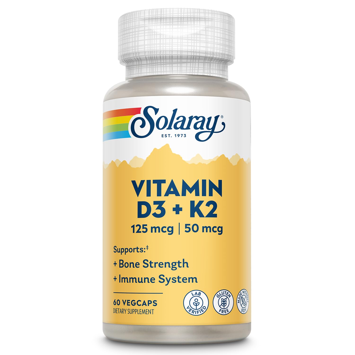 SOLARAY D3 K2 bottle label shows 5000 IU D3 and 50 mcg MK7 for bone support