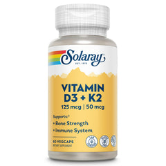SOLARAY D3 K2 bottle label shows 5000 IU D3 and 50 mcg MK7 for bone support