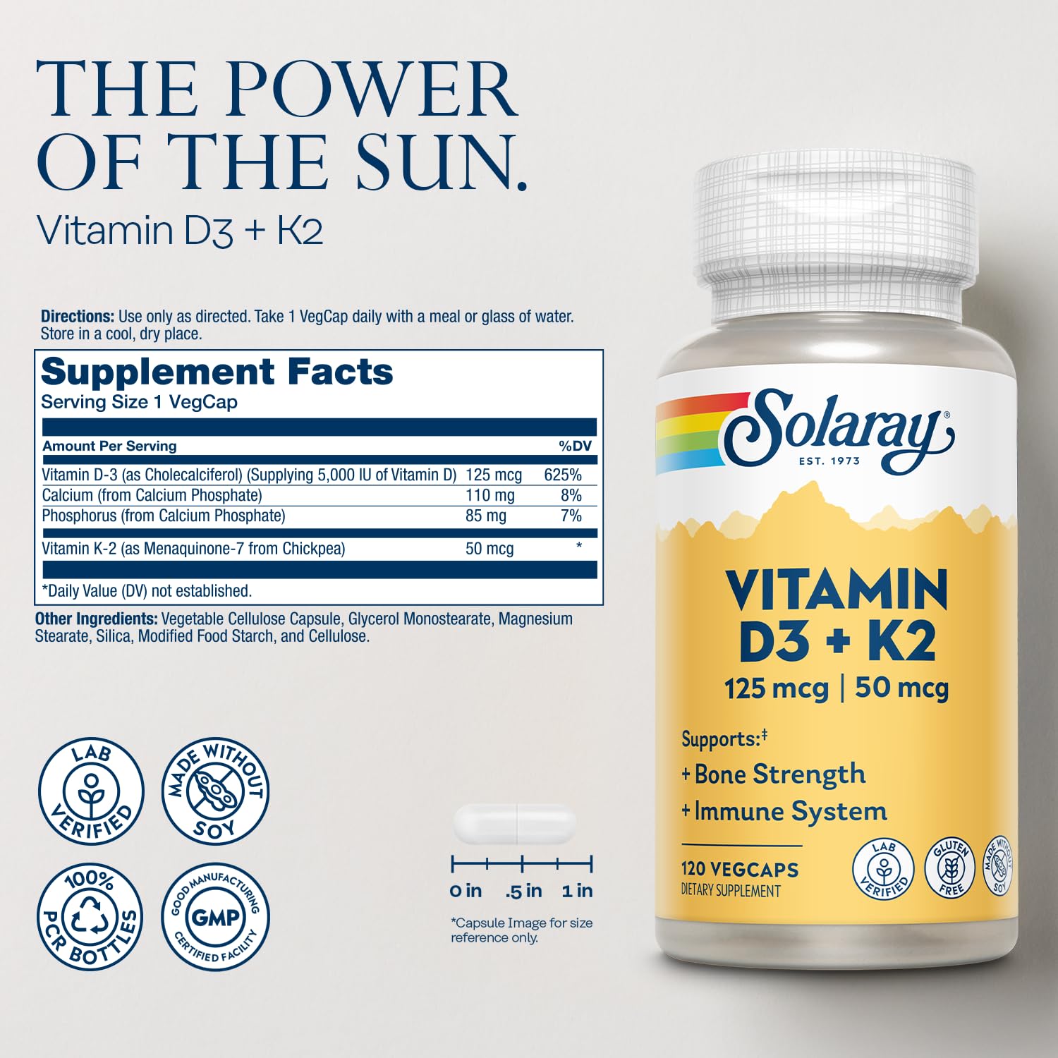 SOLARAY Vitamin D3 K2 bottle back label details ingredients and dosage information.