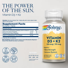 SOLARAY Vitamin D3 K2 bottle back label details ingredients and dosage information.