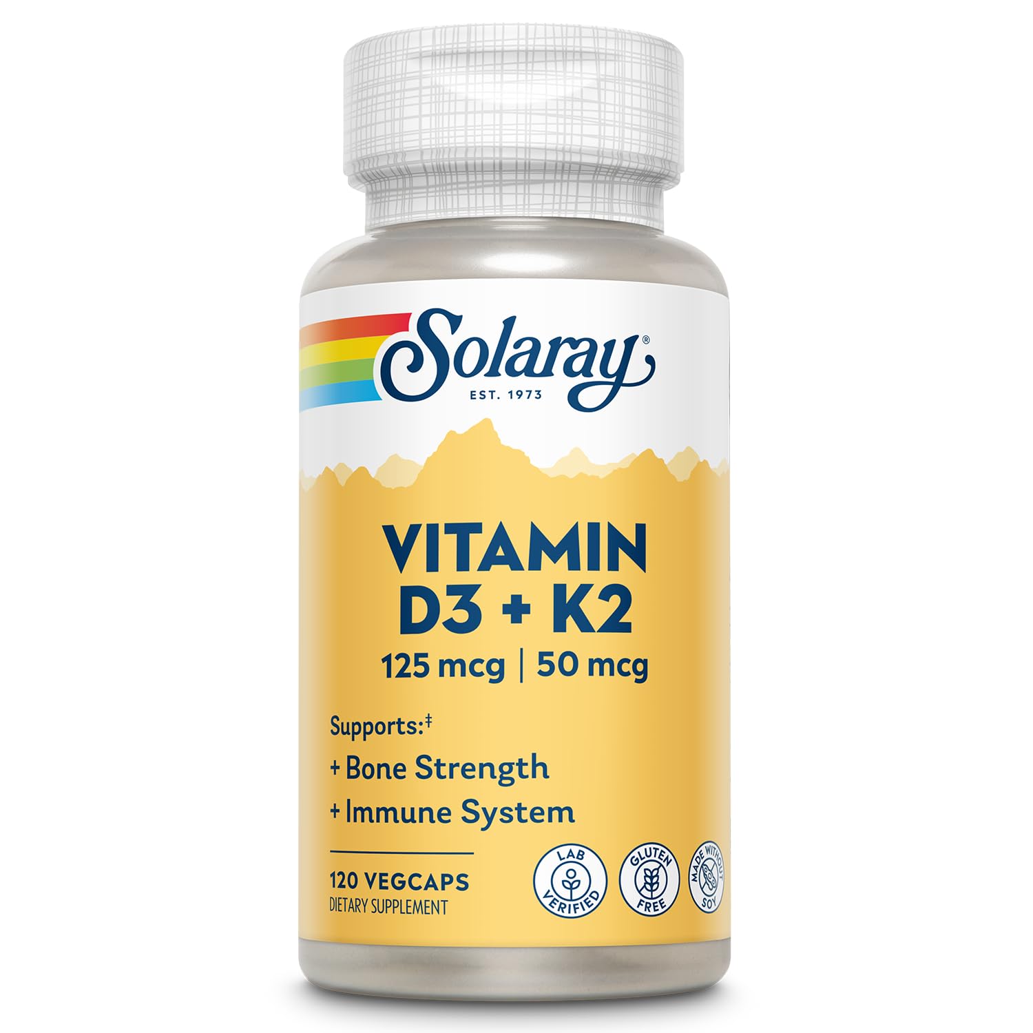 SOLARAY Vitamin D3 K2 bottle front shows high potency D3 and MK-7 for daily support.