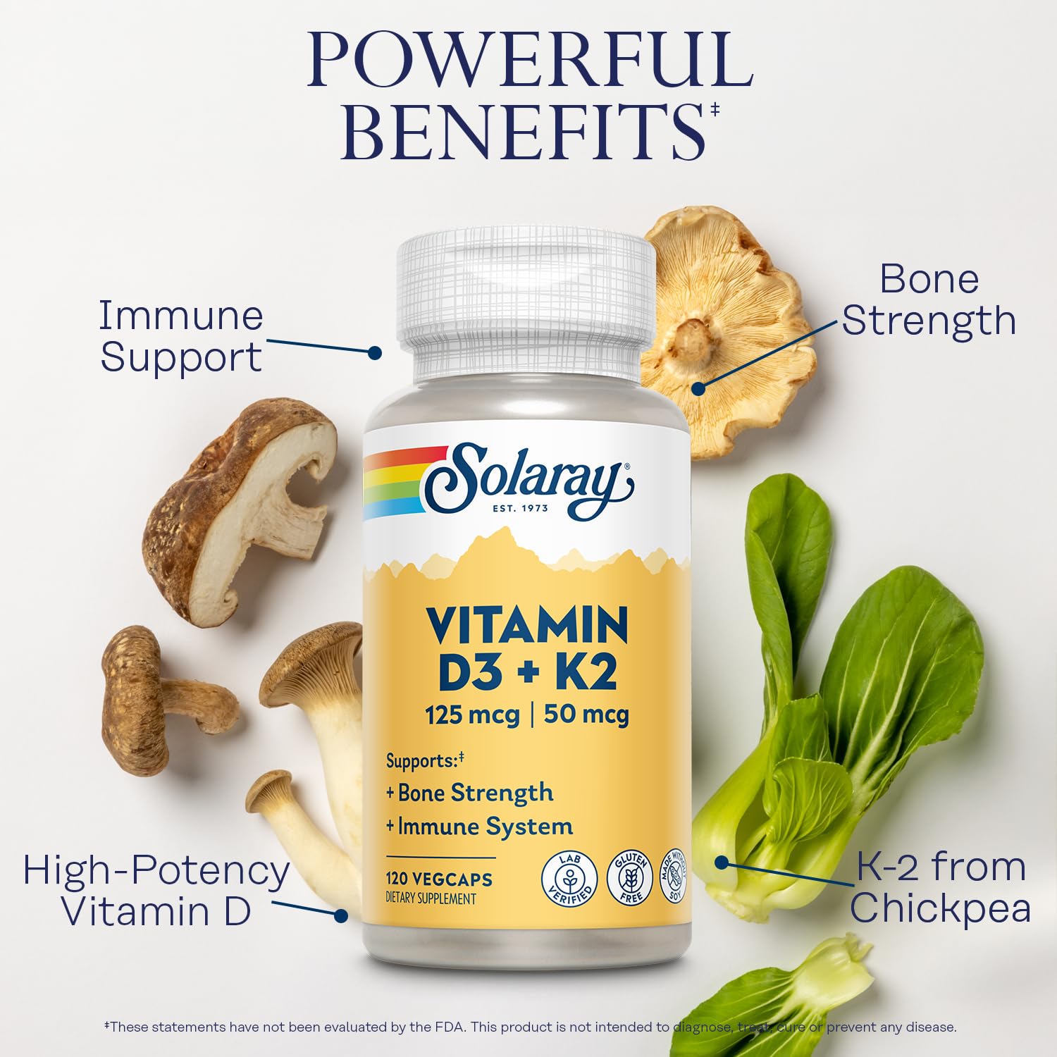SOLARAY Vitamin D3 K2 capsules close-up highlighting vegetarian capsules and MK-7 from chickpeas.