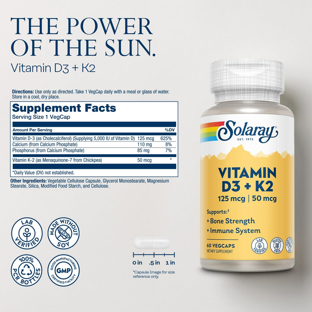 SOLARAY D3 K2 capsules close-up highlighting high-potency vitamin D3