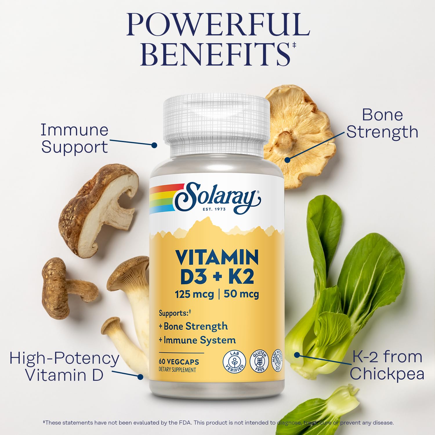 SOLARAY D3 K2 ingredient panel featuring MK7 from chickpeas