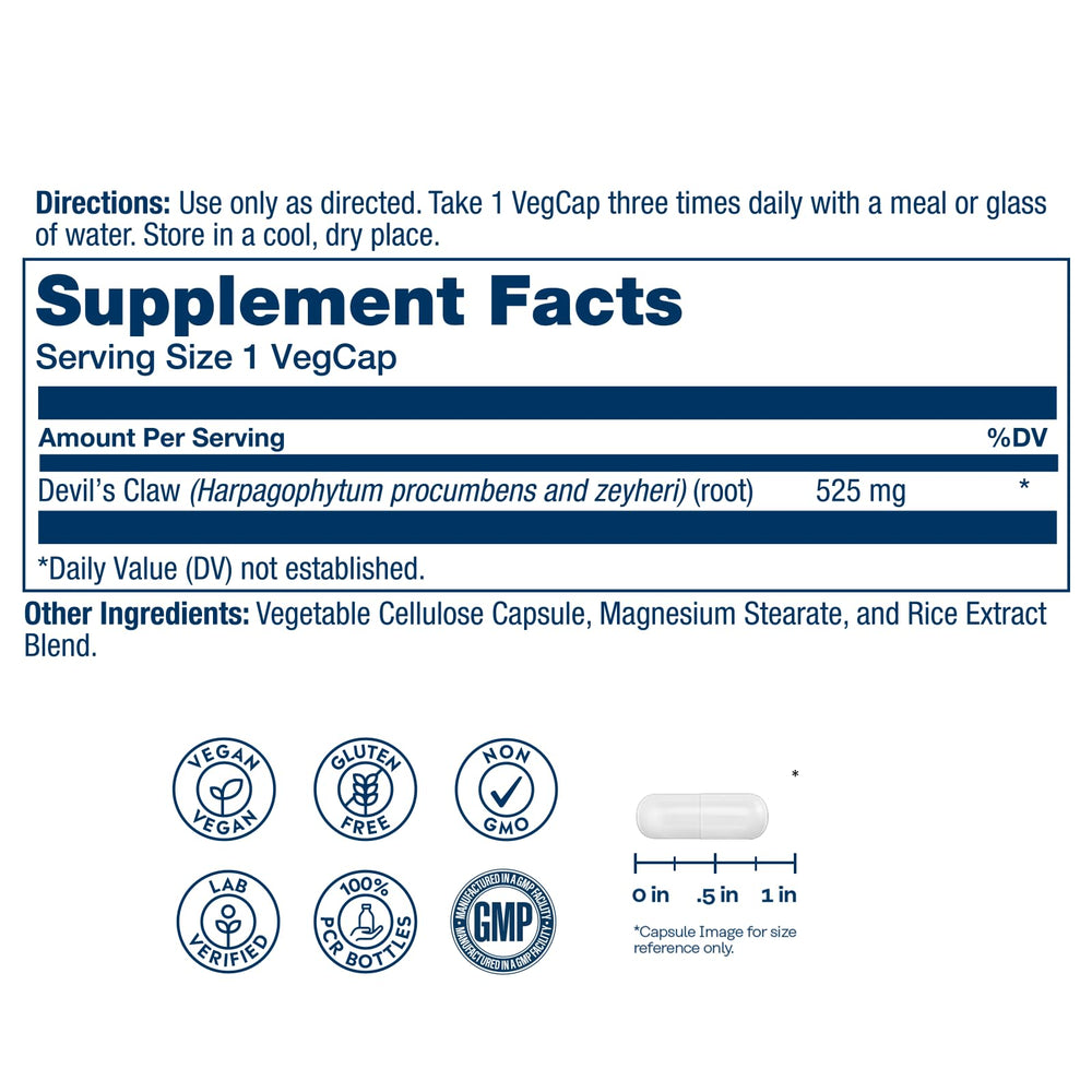 SOLARAY Devils Claw capsules close-up highlighting vegan, Non-GMO capsules