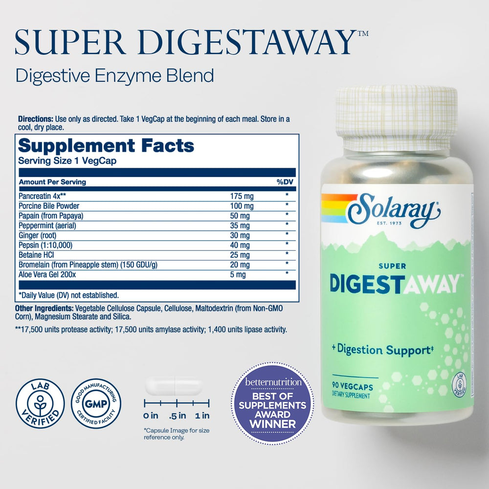 SOLARAY Digestaway pancreatin enzymes highlighting strong digestion support.