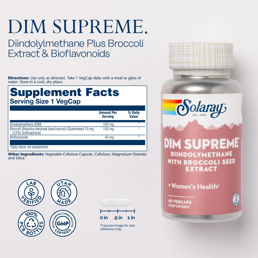 SOLARAY DIM Supreme bottle back label with ingredients and serving details.