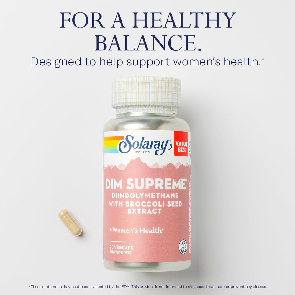 SOLARAY DIM Supreme capsules close-up emphasizing vegan caps and DIM content