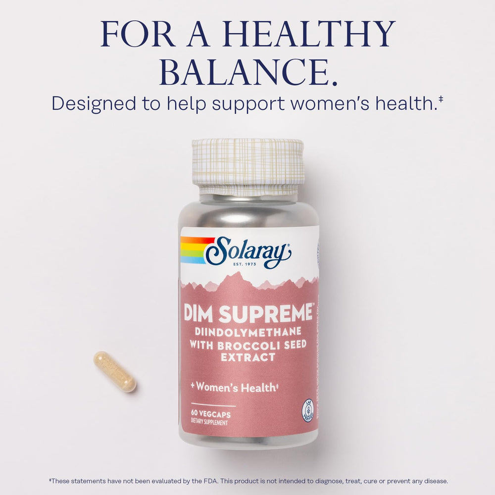 Close-up of SOLARAY DIM Supreme capsules highlighting 100 mg DIM per serving.