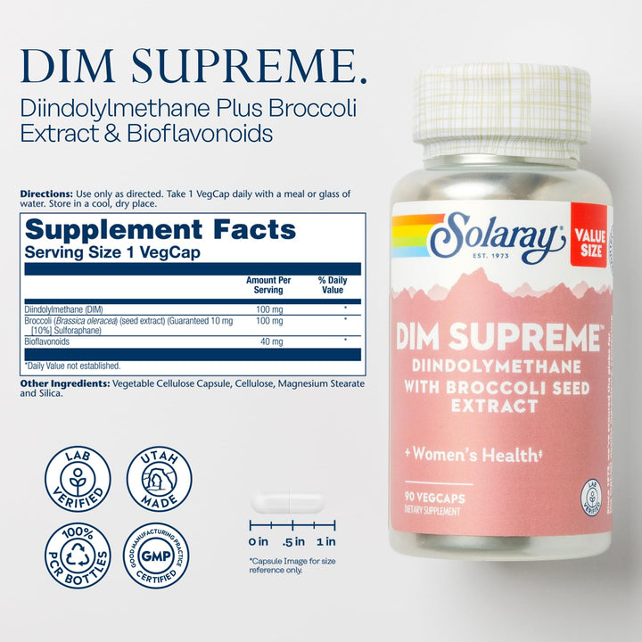 SOLARAY DIM Supreme, ingredientes DIM y brócoli para un soporte avanzado.