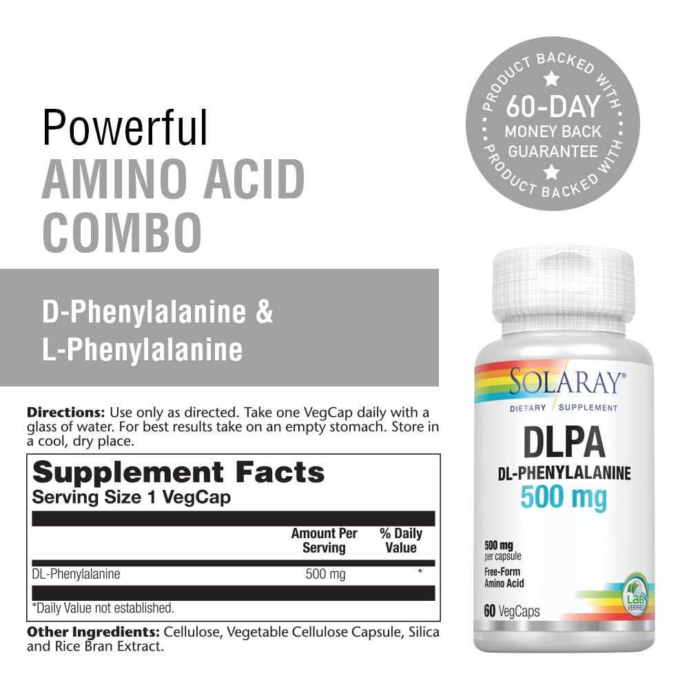 SOLARAY DL-Phenylalanine capsules close-up emphasizing energy support