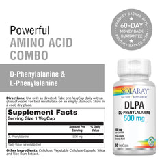 SOLARAY DL-Phenylalanine capsules close-up emphasizing energy support