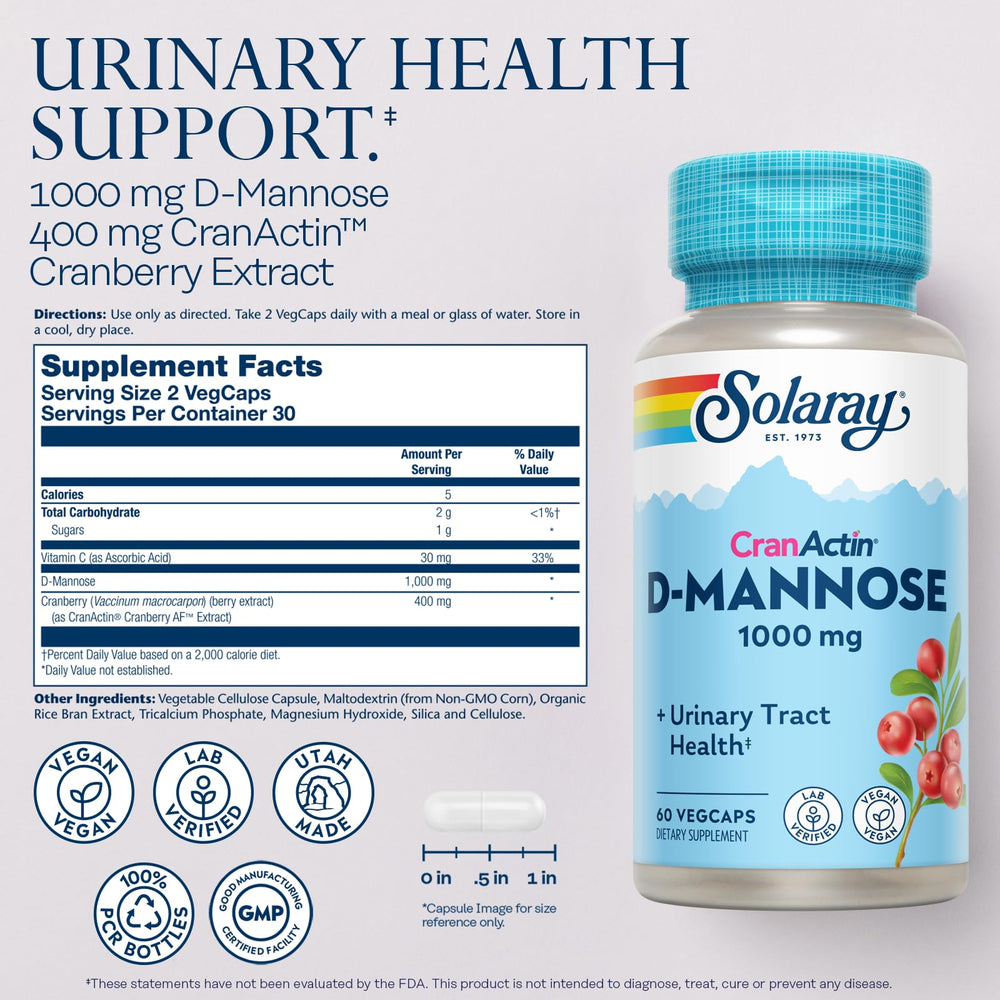 Solaray D-Mannose capsules closeup highlighting vegan capsules