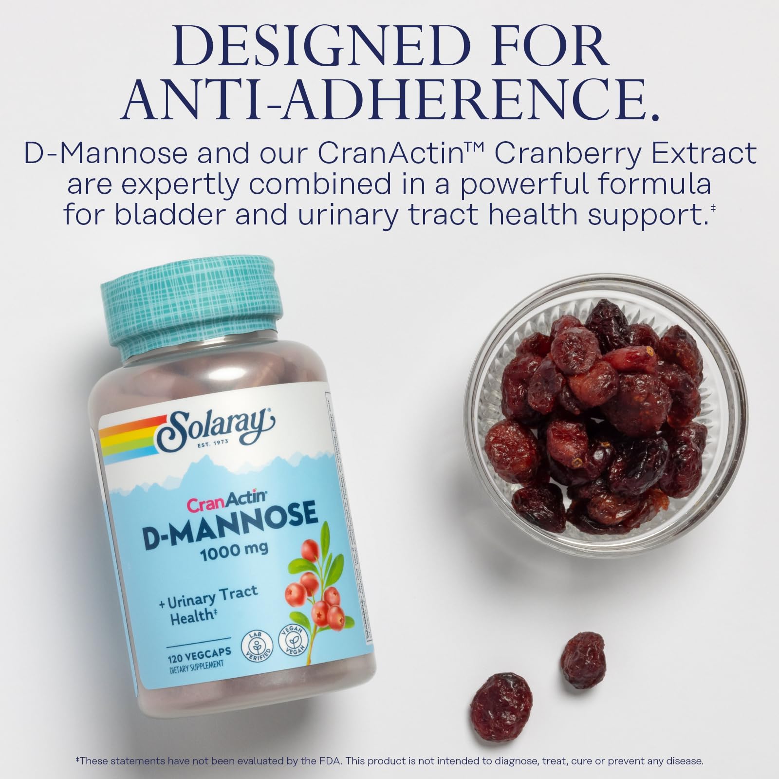 SOLARAY D-Mannose CranActin capsules close-up ready for daily use