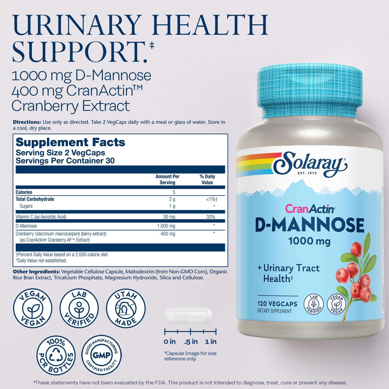 SOLARAY D-Mannose CranActin label close-up with CranActin cranberry extract