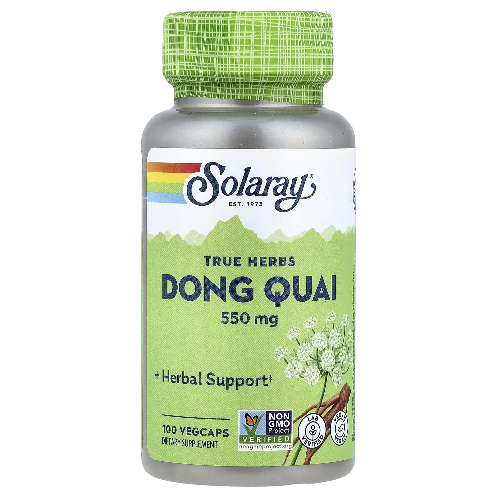 SOLARAY Dong Quai Root bottle with 550 mg capsules for cycle support.