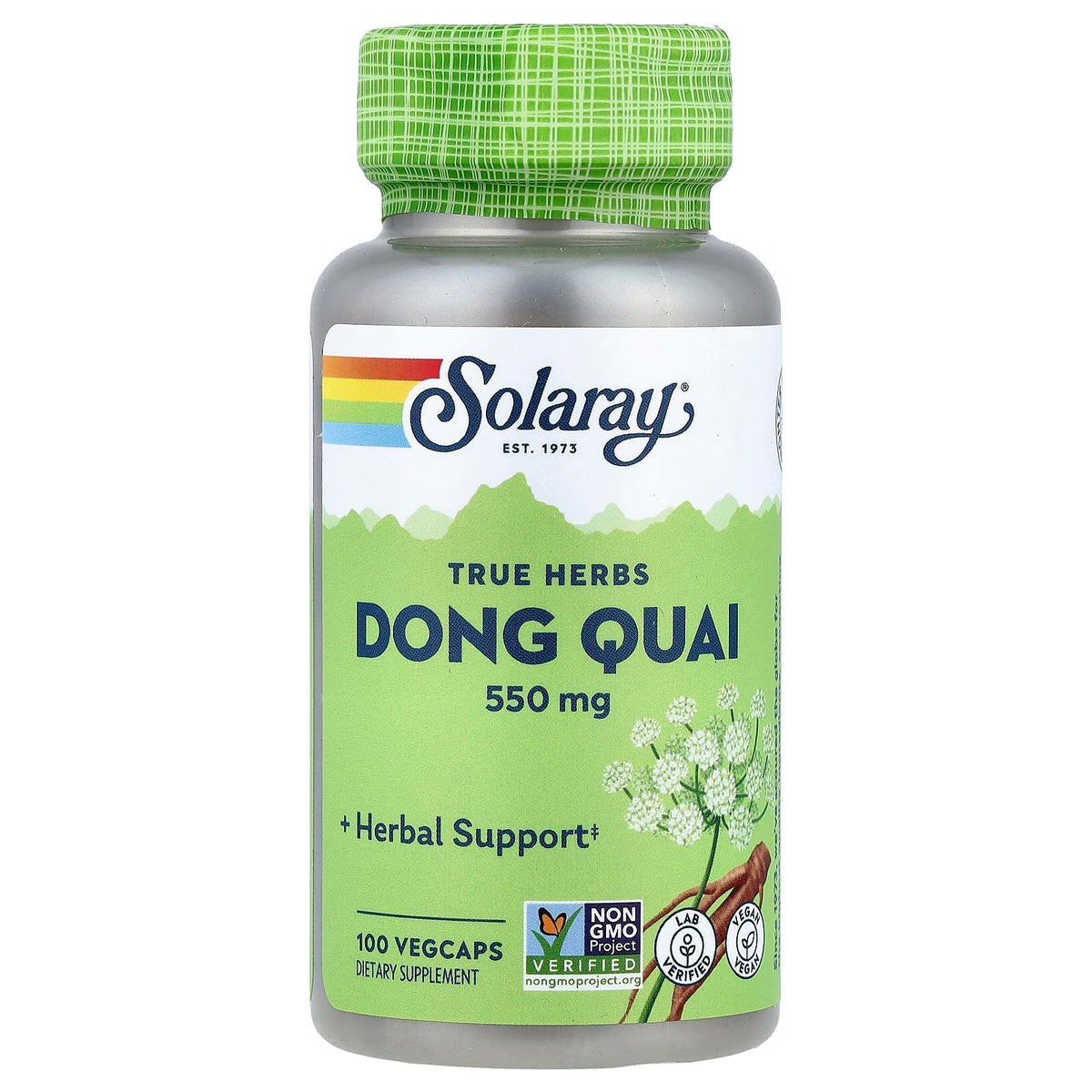 SOLARAY Dong Quai Root bottle with 550 mg capsules for cycle support.