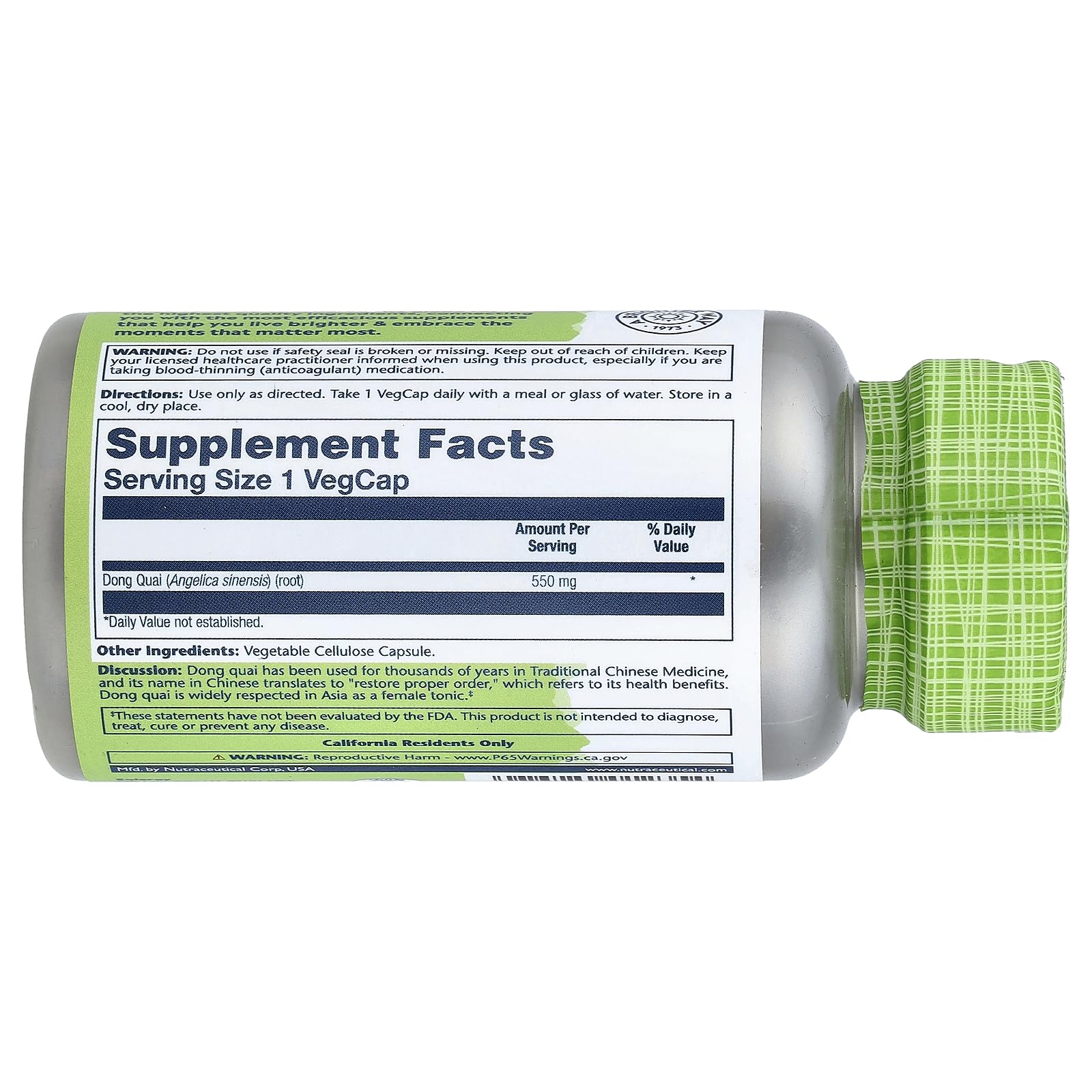 Close-up of SOLARAY Dong Quai Root capsules highlighting whole root formula.