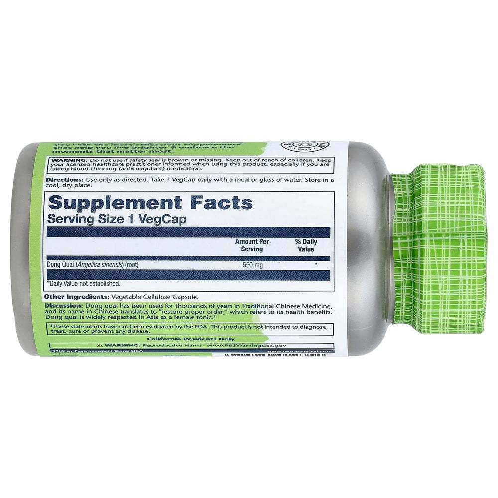 Close-up of SOLARAY Dong Quai Root capsules highlighting whole root formula.